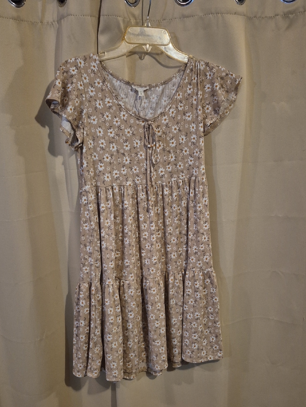 Floral Tie-Front Short Sleeve Tiered Dress - Beige Floral
